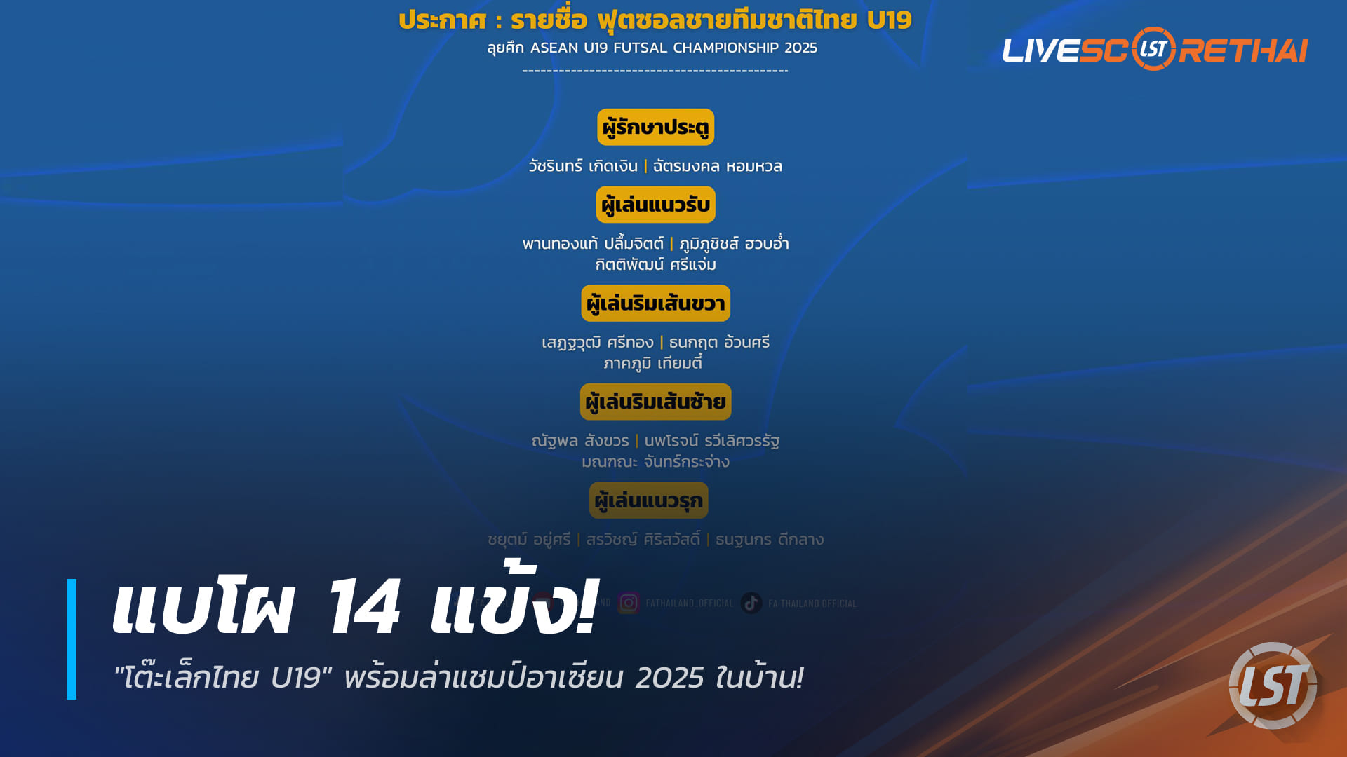 ข่าวฟุตบอลไทย วันจันทร์ ที่ 22 ธันวาคม 2568: เปิดรายชื่อ 14 แข้ง "โต๊ะเล็กไทย U19" ลุยฟุตซอลอาเซียน 2025 ในบ้าน